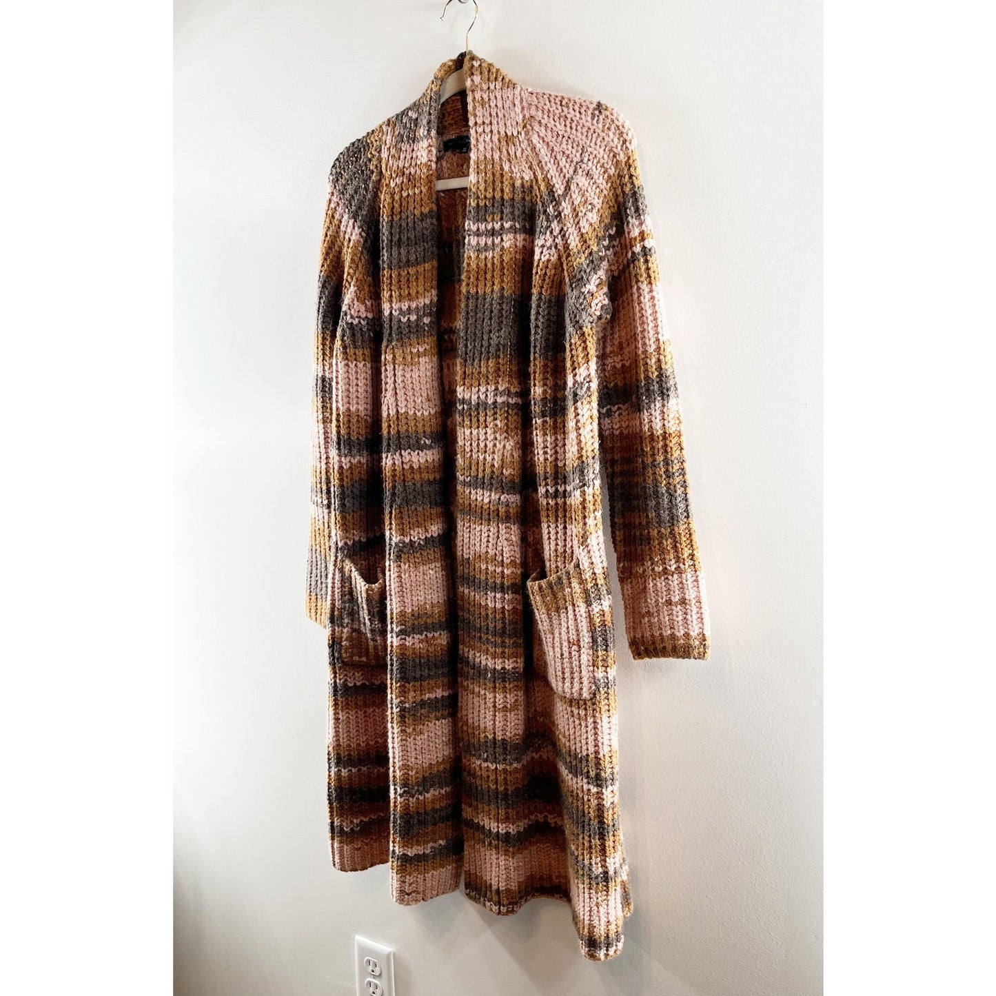 Skull Cashmere Open Striped Chunky Duster Cardigan Sweater Brown Pink Medium