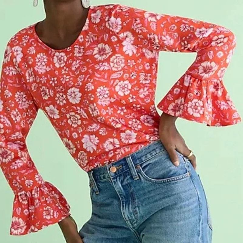 J. Crew Winter Garden Floral Blouse Top in Poppy Fields Orange Small