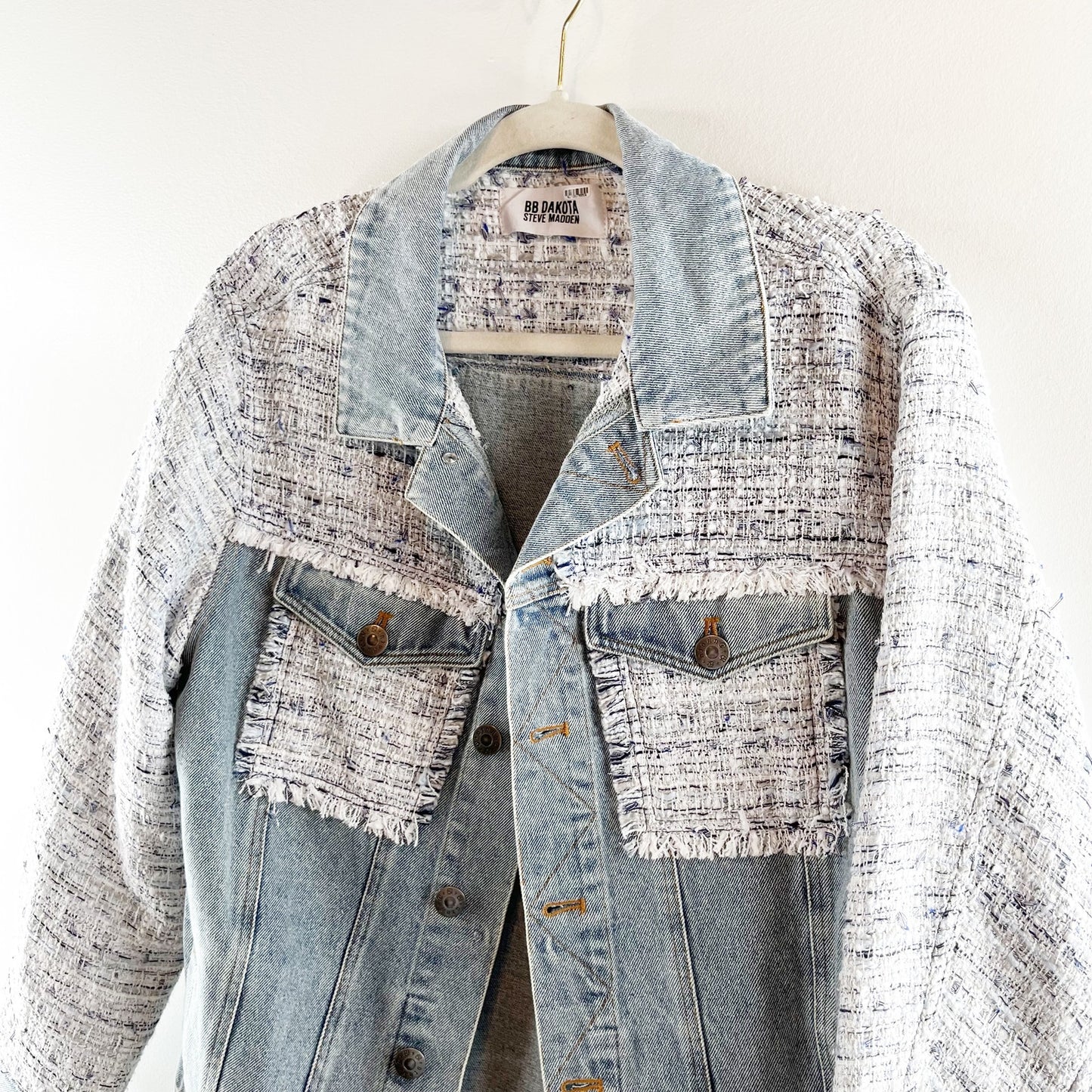 BB Dakota Festival Mixed Media Tweed Denim Jacket Blue Small