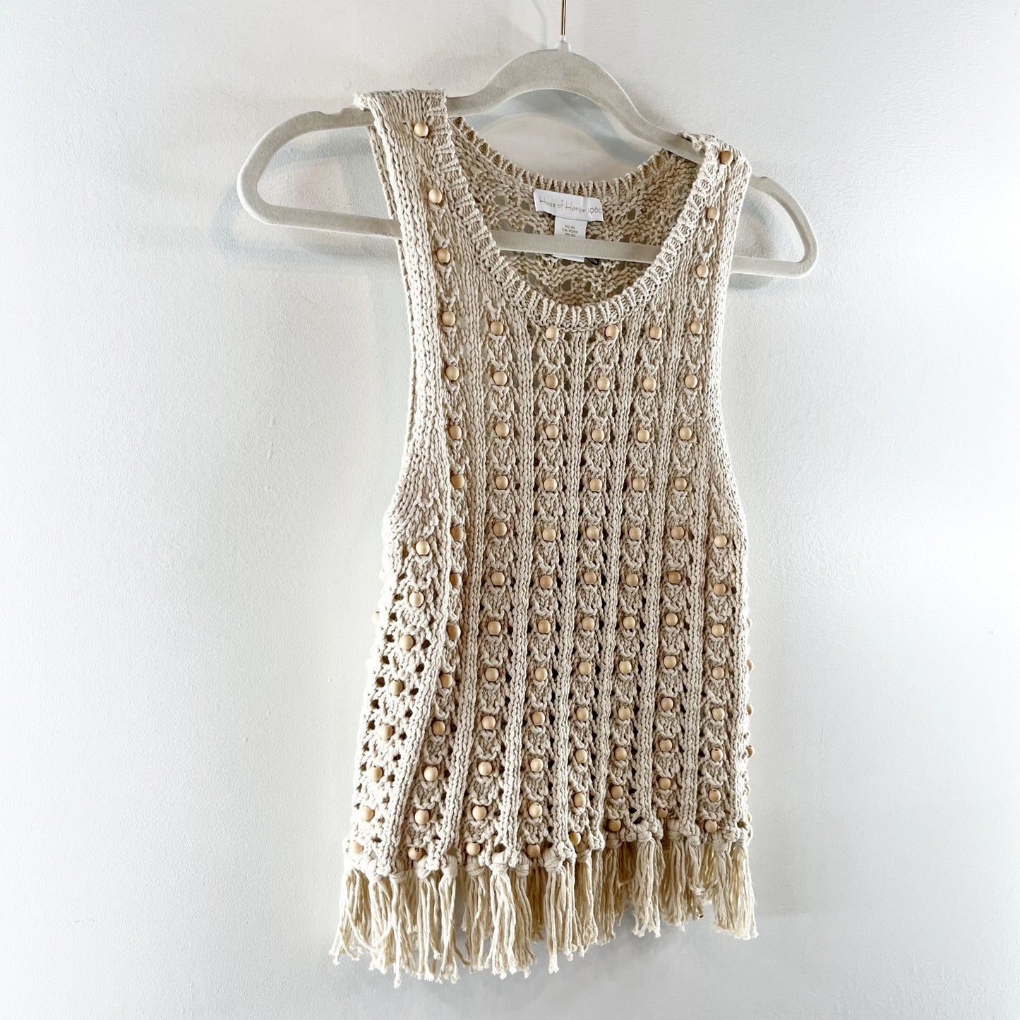 House of Harlow Wood Bead Beaded Fringe Hem Crochet Tank Top Tan XS