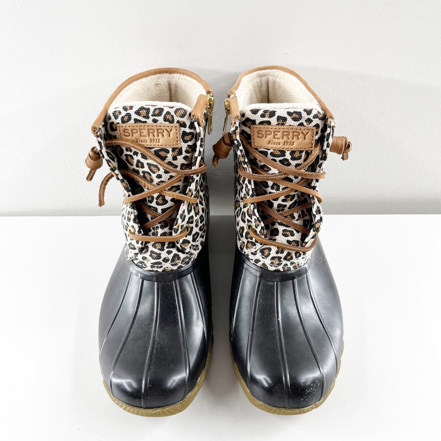 Sperry Lace Up Saltwater Rain Boots Ankle Booties Rubber Leopard 6