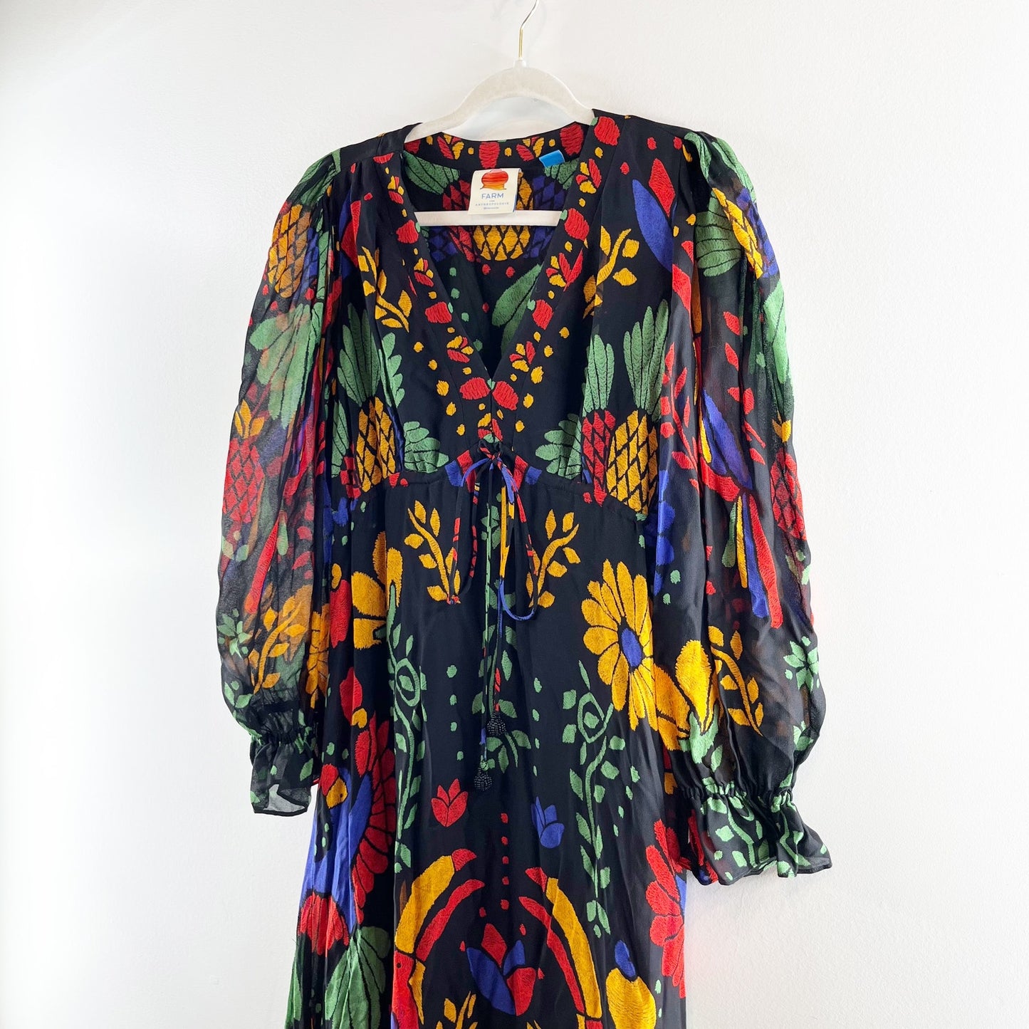 Farm Rio Georgette Tropical Puff Sleeve V-Neck Ruffle Maxi Dress Black Medium