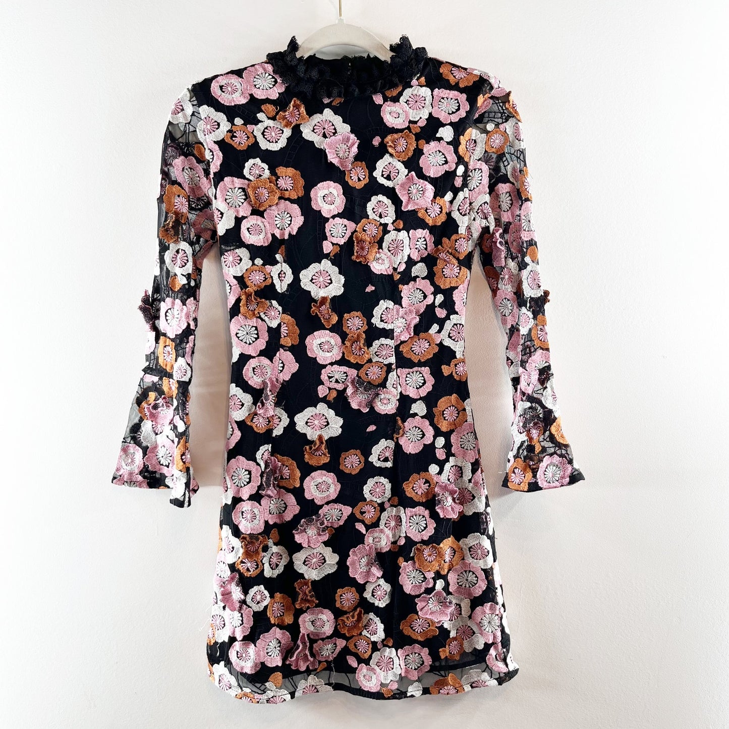 French Connection 3D Floral Applique Mini Dress Pink Black 4