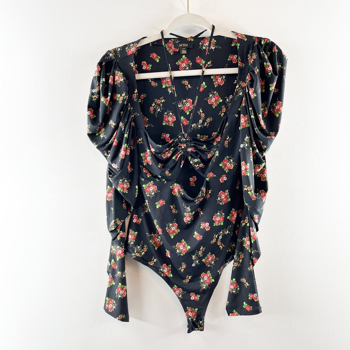 AFRM Coppelia Halter Neck Thong Bodysuit Noir Rose Garden Small