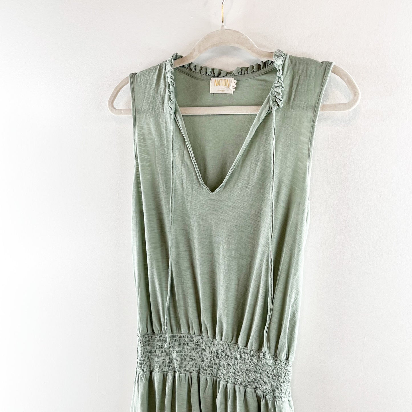 Nation LTD Lael Easy Smocked Ruffle Neck Sleeveless Peasant Mini Dress Green M