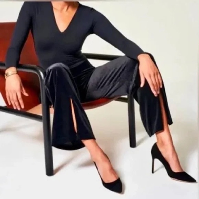 SPANX Velvet High Rise Wide Leg Split Hem Velvet Pants Black Medium