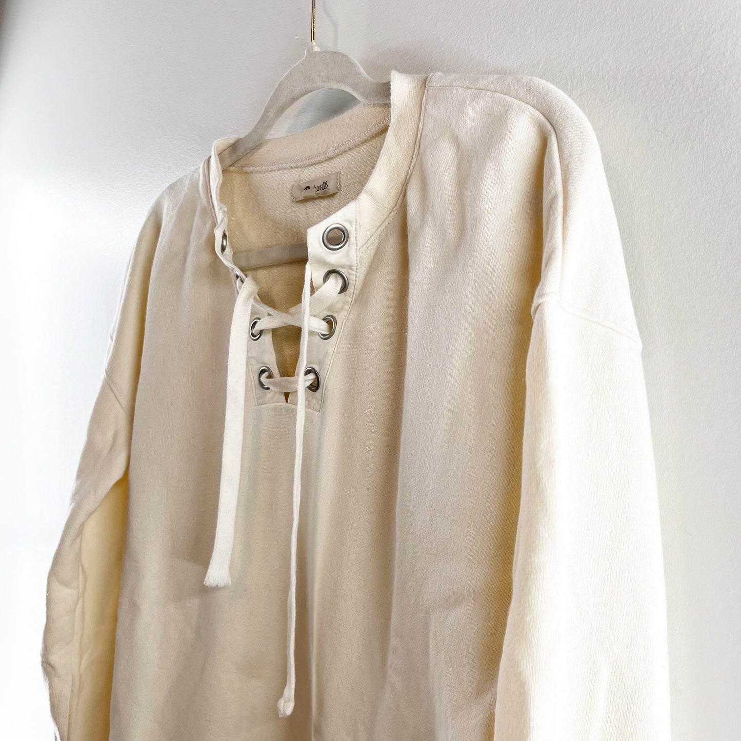 Madewell Lace Up Cotton Hemp Pullover Sweatshirt Ivory Cream XS