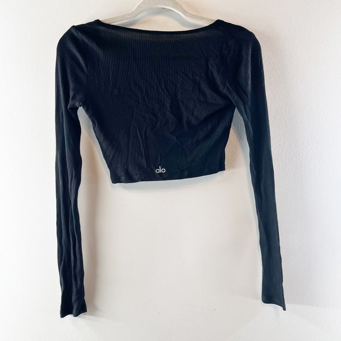 ALO Cropped Whisper Ribbed Cardigan Sweater Long Sleeve Black Small