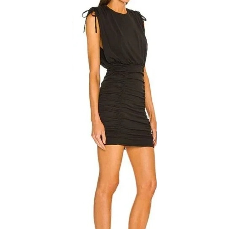 Michael Costello x Revolve Kirsten Ruched Tie Shoulder Mini Dress Black XXS