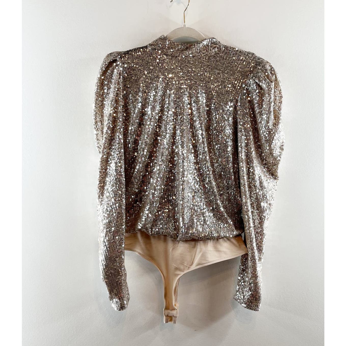 Rachel Zoe Puff Long Sleeve Sequin Open Back Thong Bodysuit Gold Large