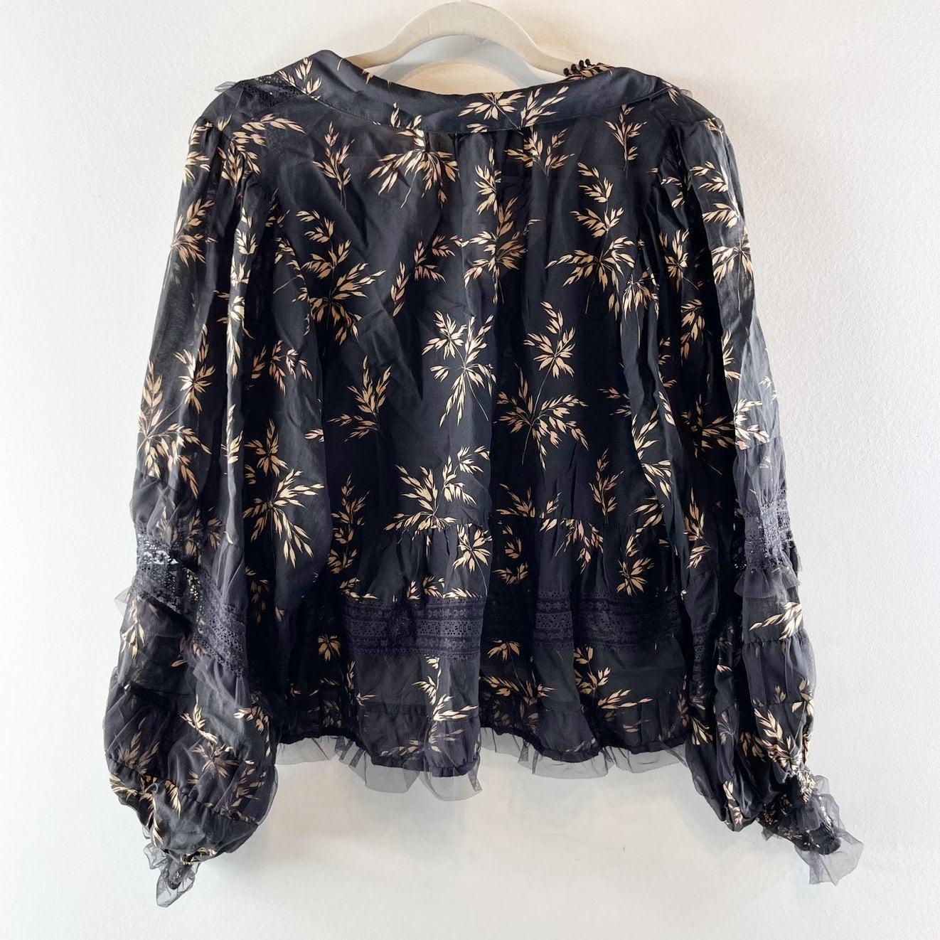 Anthropologie Long Sleeve Floral Ruffle V Neck Blouse Black Medium