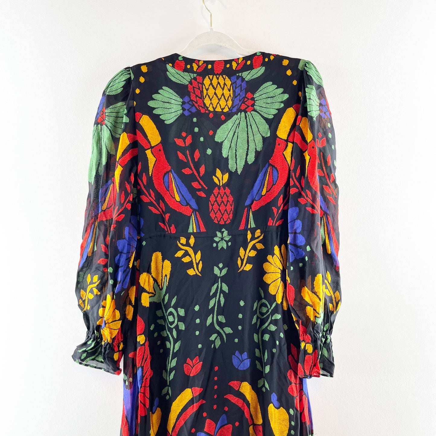 Farm Rio Georgette Tropical Puff Sleeve V-Neck Ruffle Maxi Dress Black Medium