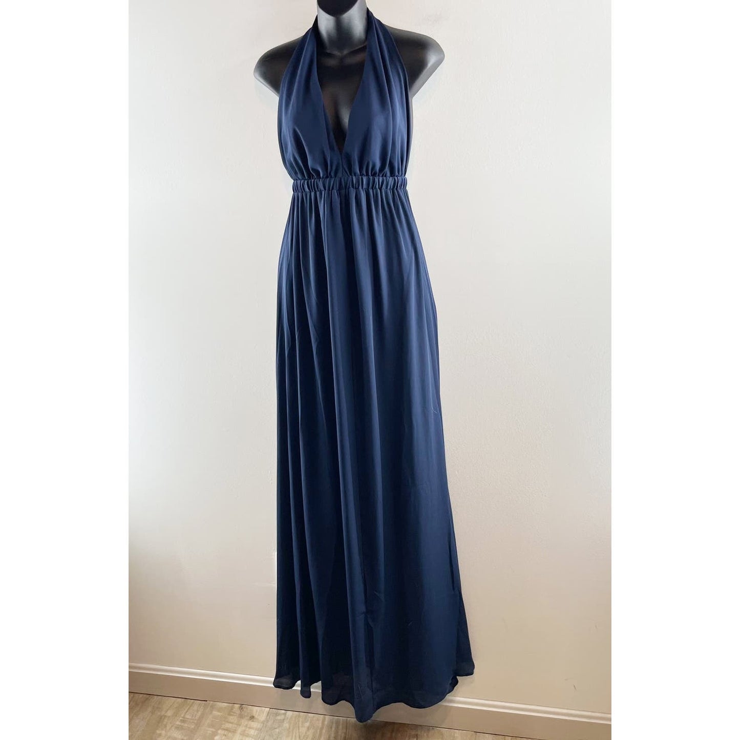 Show Me Your Mumu Plunge V Neck Halter Lined Maxi Gown Dress Navy Blue Medium