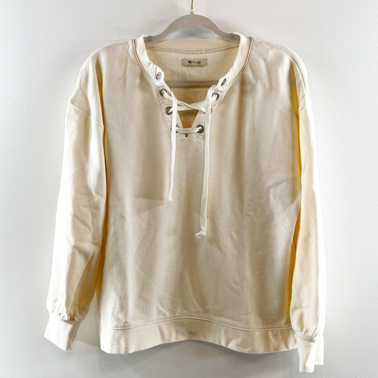 Madewell Lace Up Cotton Hemp Pullover Sweatshirt Ivory Cream XS