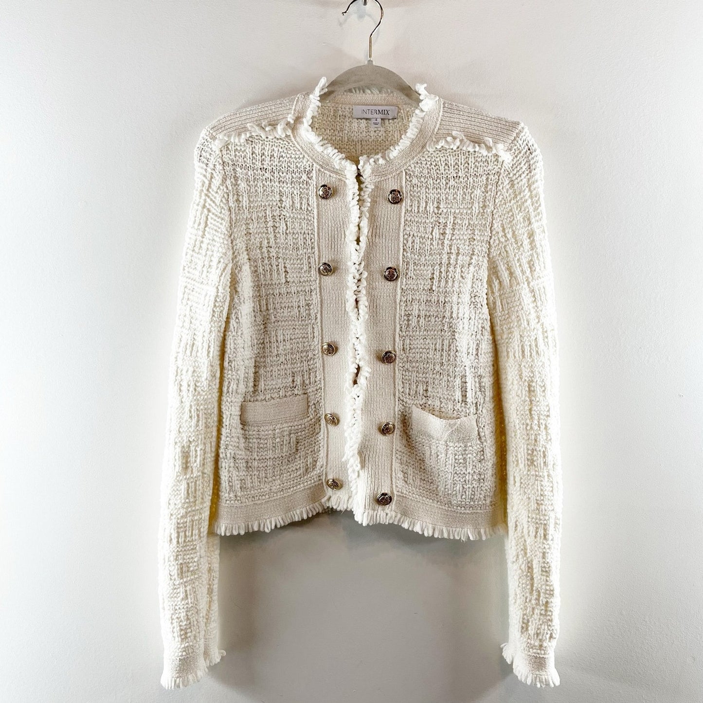 Intermix Lila Long Sleeve Raw Edges Gold Button Cropped Knit Jacket Ivory 4
