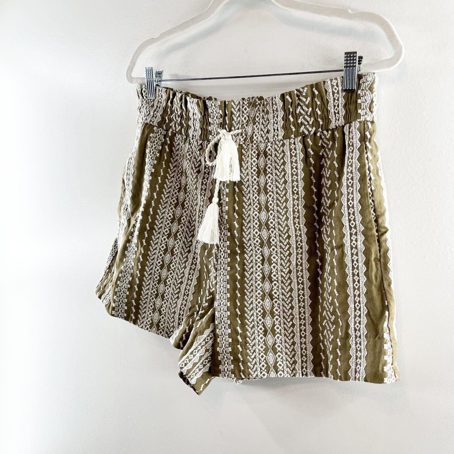 House of Harlow Linen High Rise Embroidered Boho Shorts Green Medium