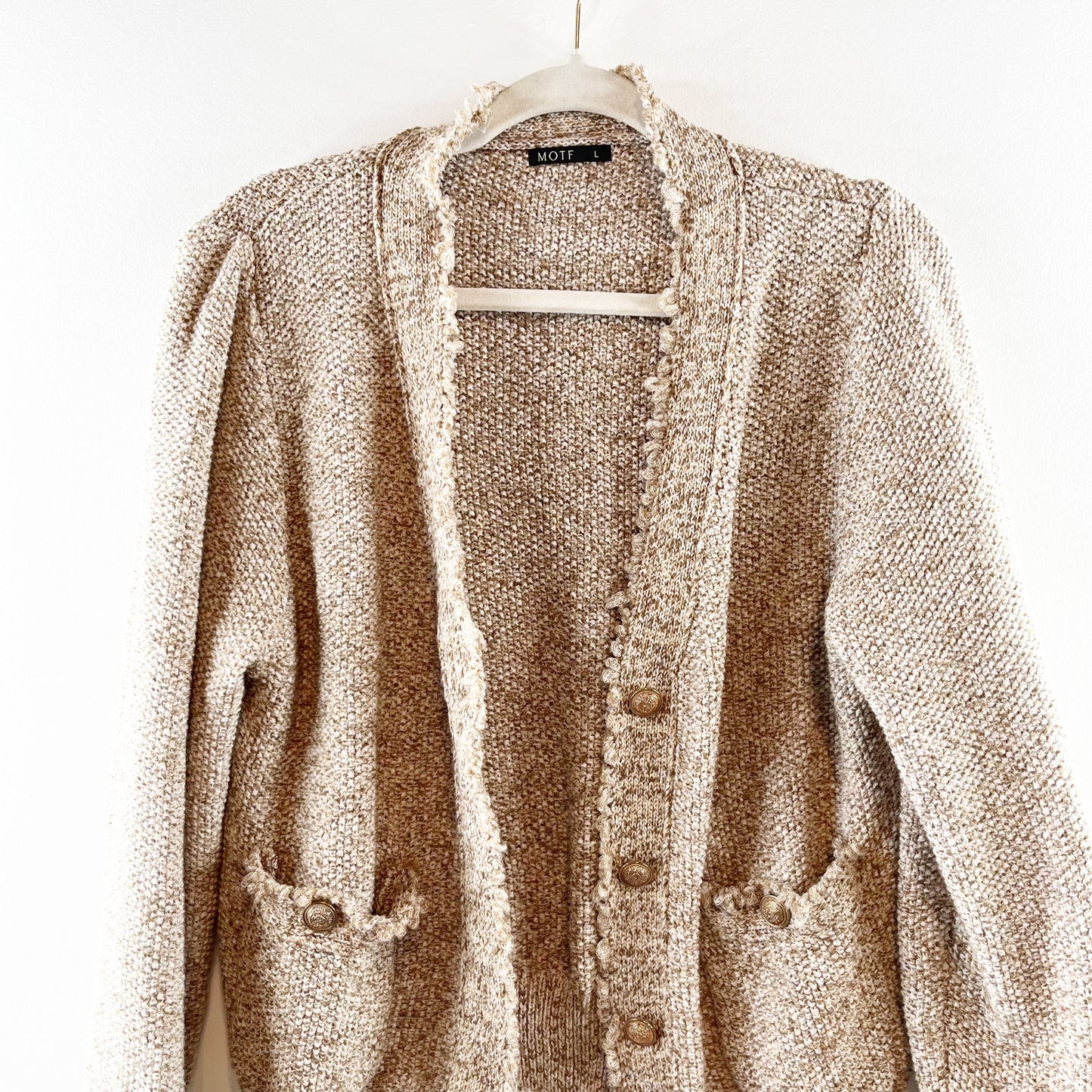 MOTF Distressed Cropped Slouchy Cardigan Sweater Khaki Tan Large