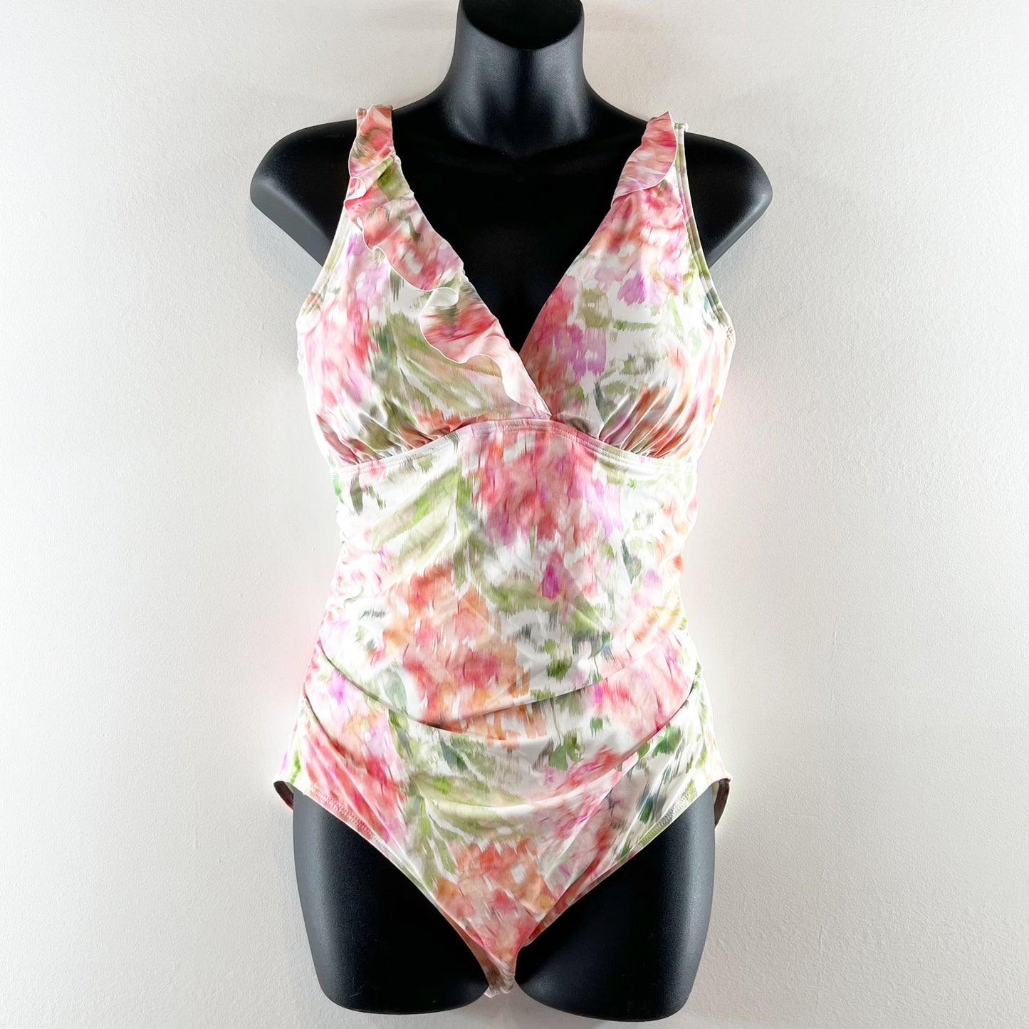 Ralph Lauren Ruffle Trim Floral One Piece Swimsuit Pink Green 14