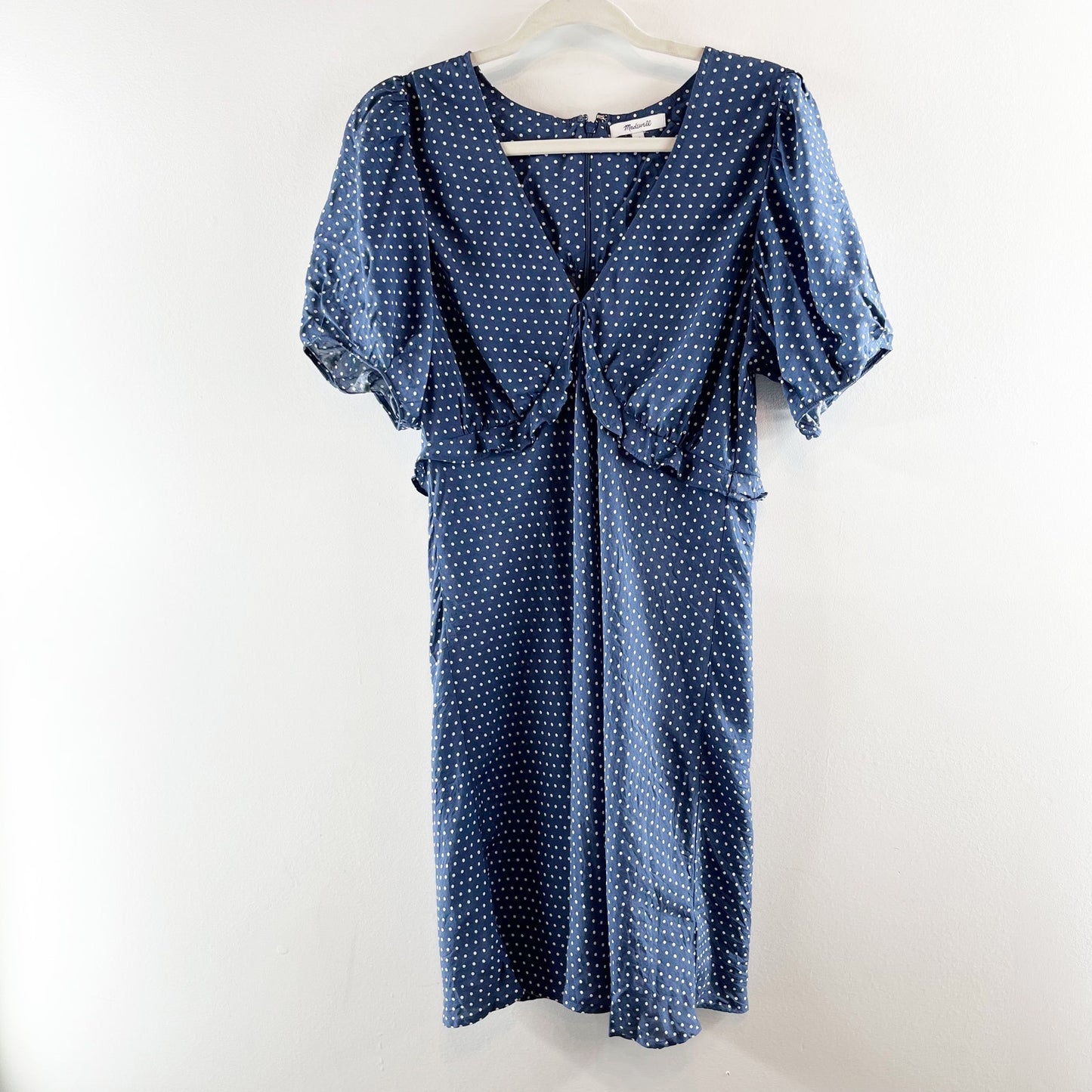 Madwell Puff-Sleeve Ruffle Mini Dress in Polka Dot Curfew Blue 14
