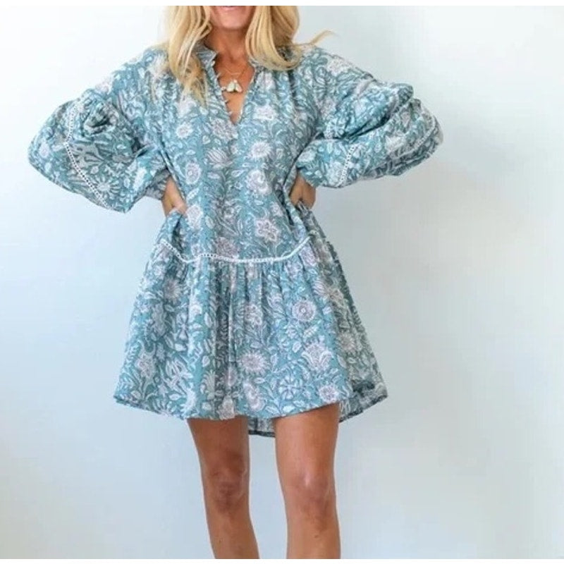 Marea The Apres Beach Long Sleeve Cotton Mini Dress in Blue Hibiscus XS / S