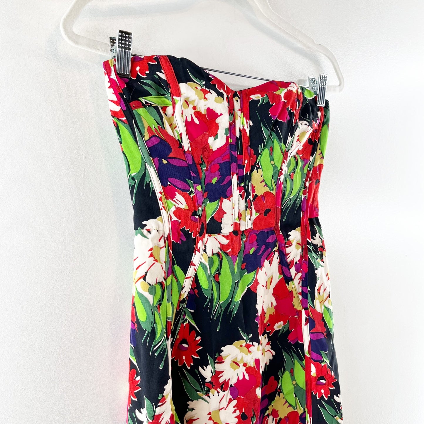 Veronica Beard Saffron Strapless Corset Knee Length Midi Floral Dress Red 2
