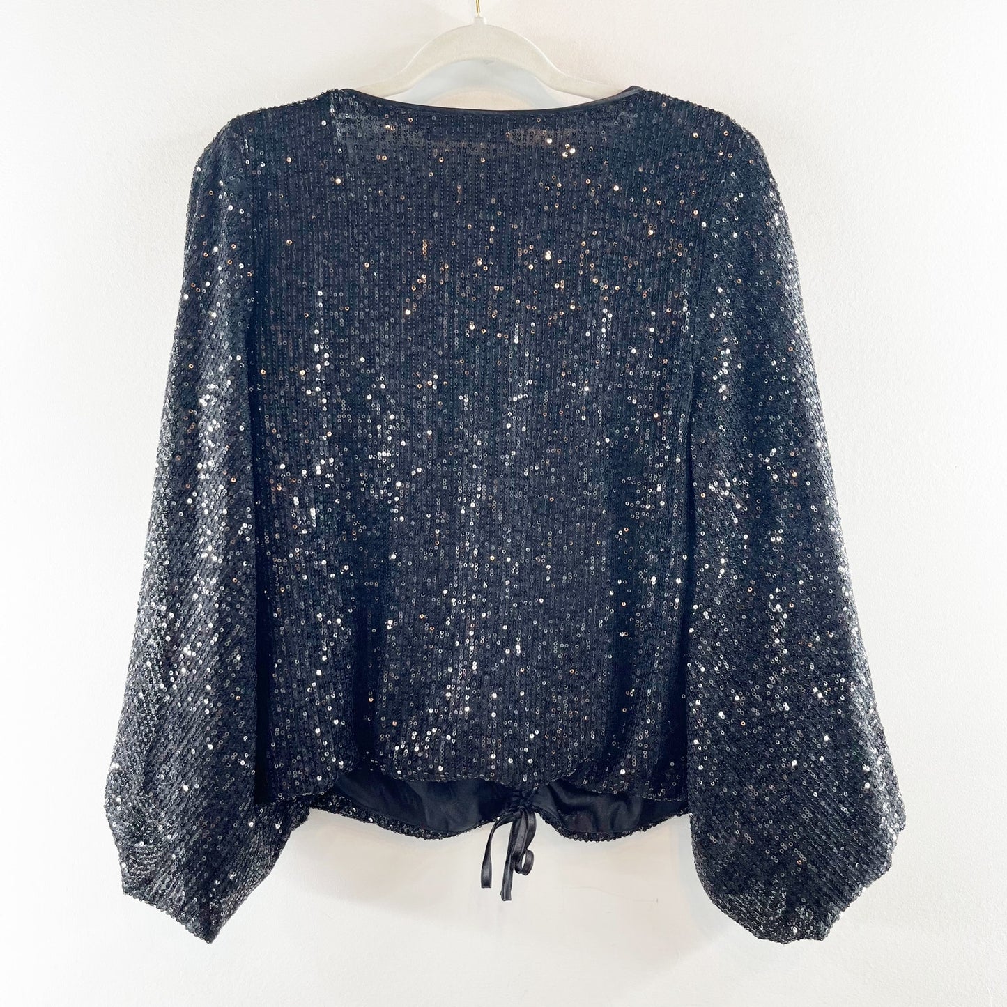 Mustard Seed Long Sleeve Ruched Tie Waist Bubble Hem Sequin Top Black Small