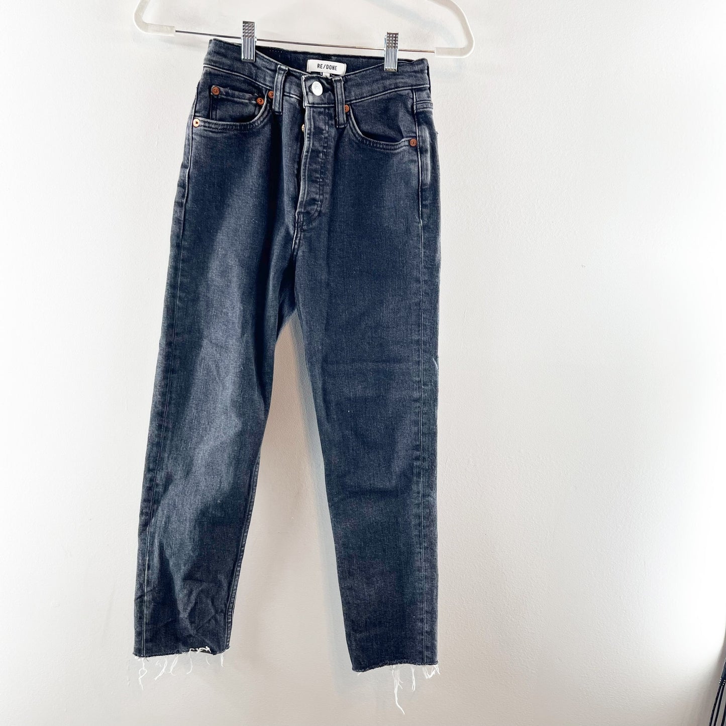 Re/Done 90s High-Rise Button Fly Ankle Frayed Hem Cropped Skinny Jeans Black 25