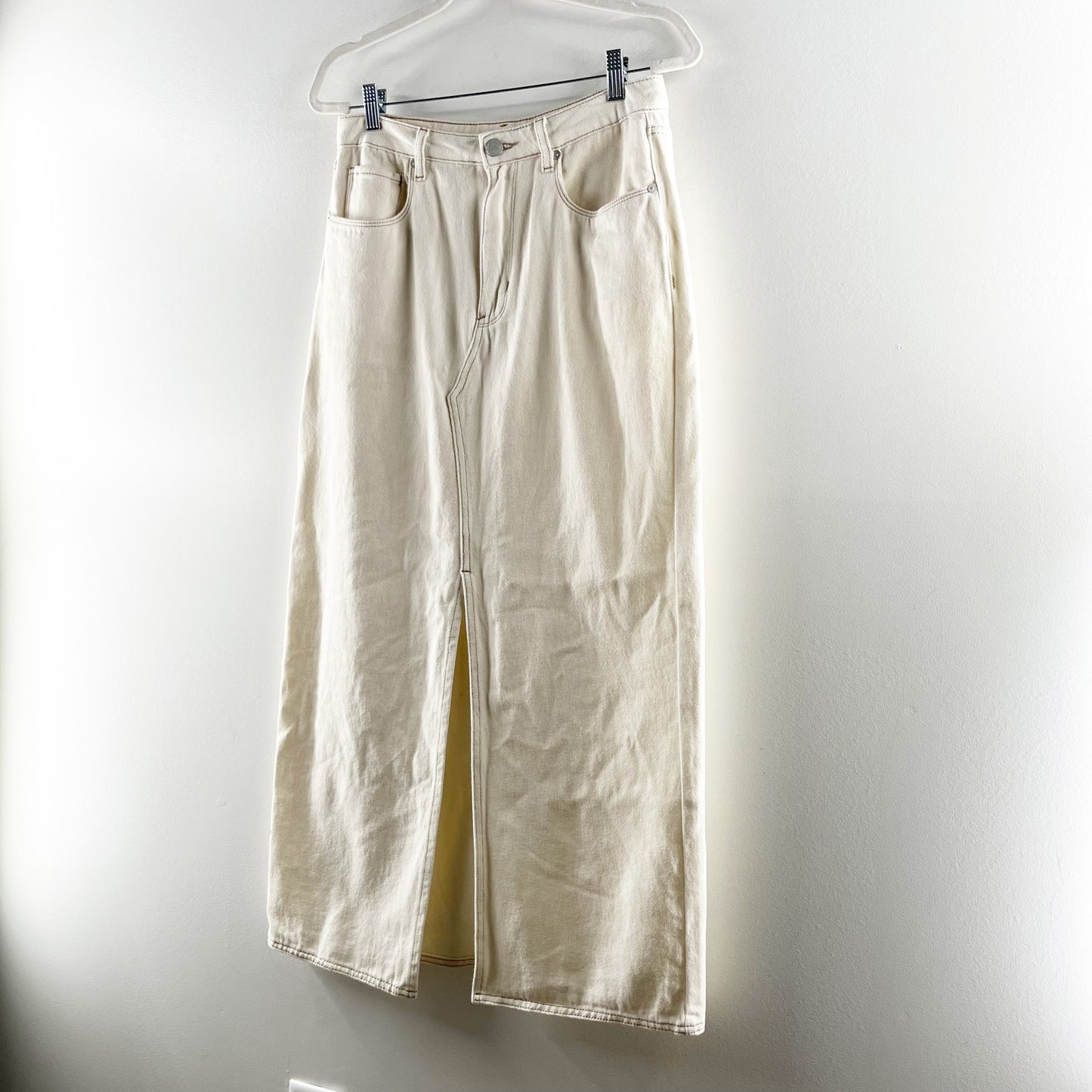 Blank NYC High Rise Cotton Denim Maxi Skirt Ecru Cream 27 / 4