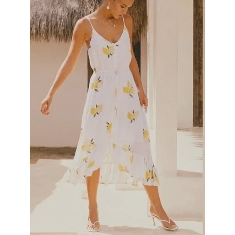 Rails Frida Citronnade Lemon Print Ruffle Hem Hi Low Midi Dress White XS