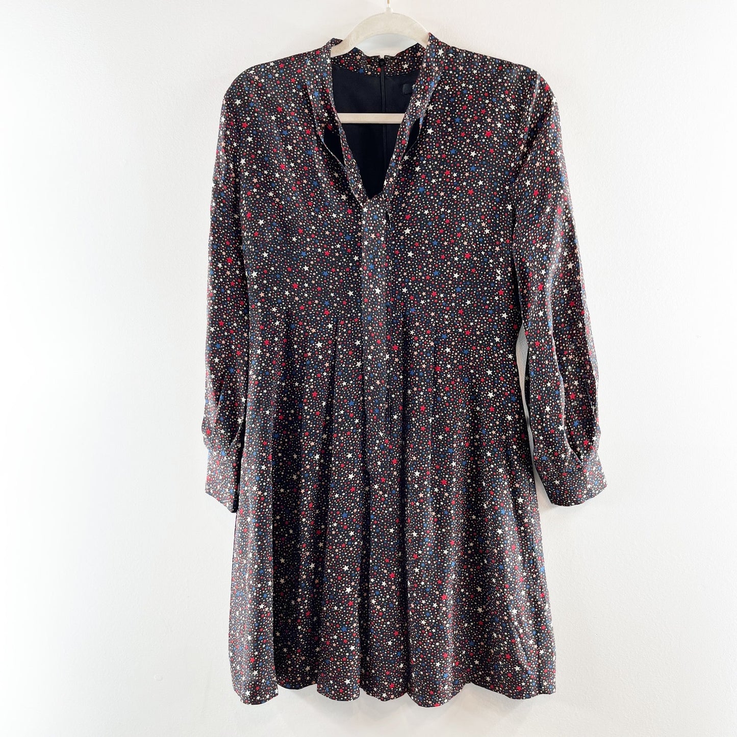 Madewell Long Sleeve Balsam Tie Neck Mini Silk Dress in Starry Night Black 4
