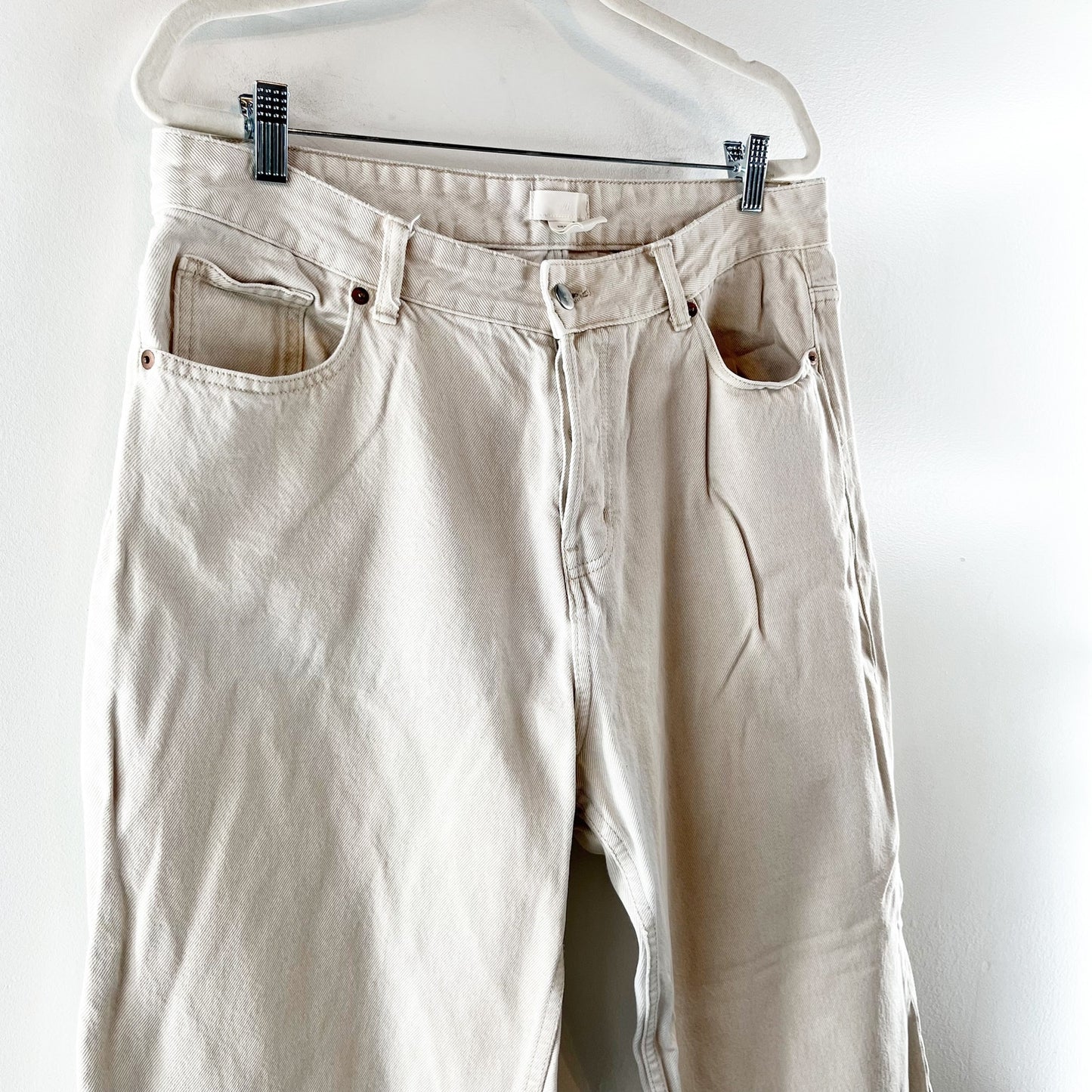 H&M High Rise Cotton Button Fly Straight Leg Jeans Cream Bone 14