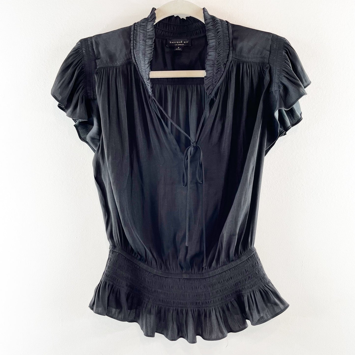 Current Air Los Angeles V-Neck Flutter Sleeve Smocking Waist Blouse Black Small