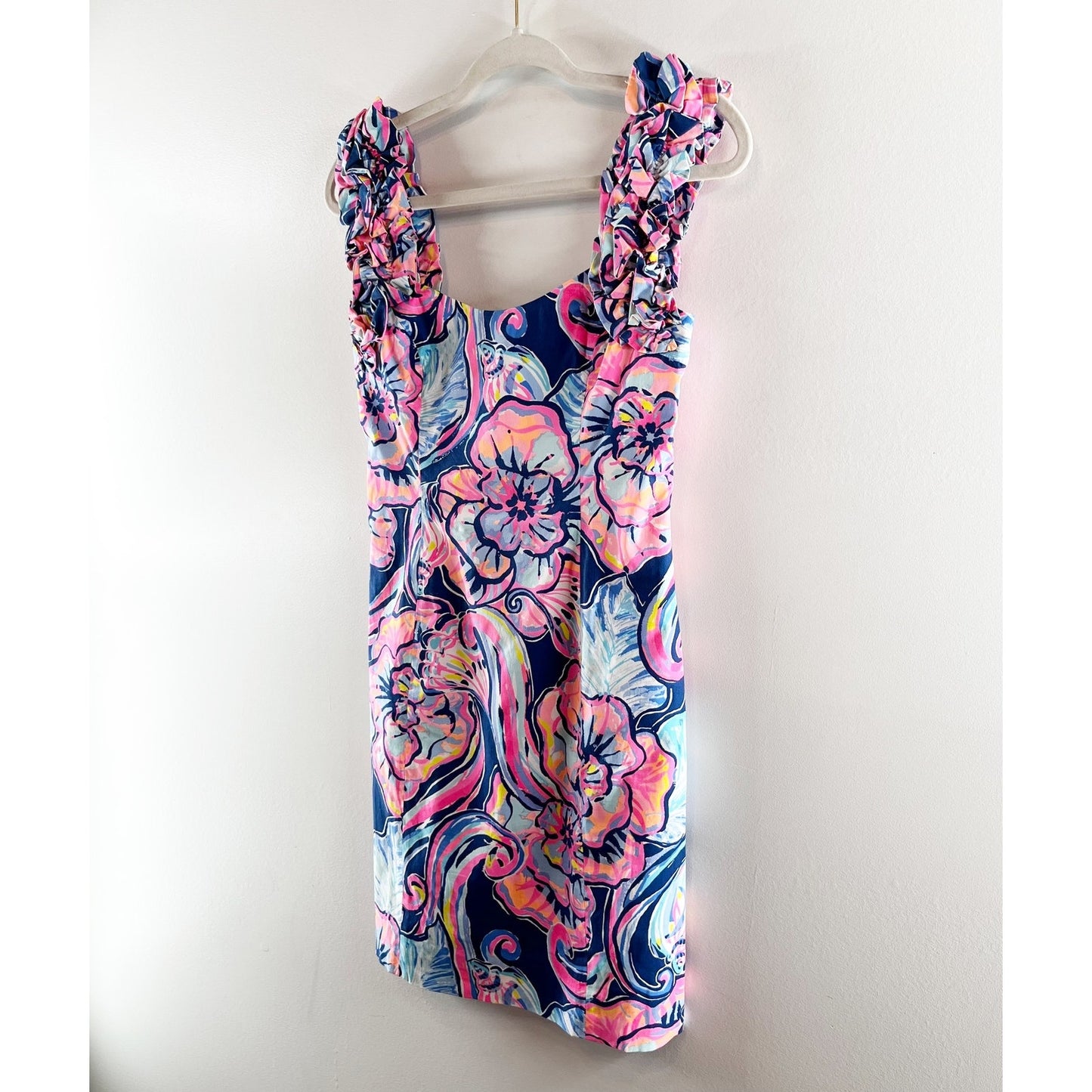 Lilly Pulitzer Devina Floral Ruffle Strap Stretch Mini Sheath Dress Navy Pink 00