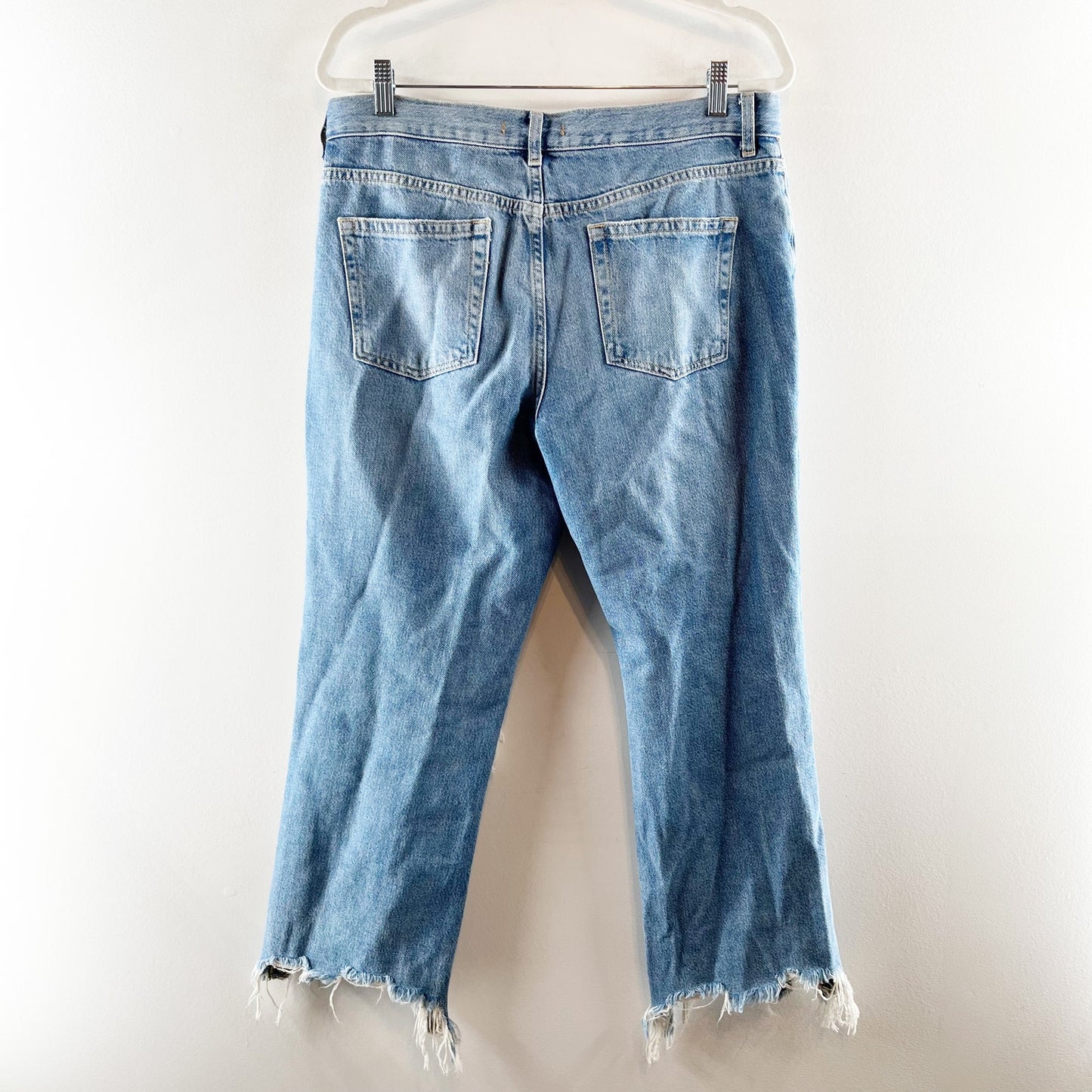 Free People Mid Rise Maggie Button Fly Busted Knees Raw Hem Jeans Blue 25