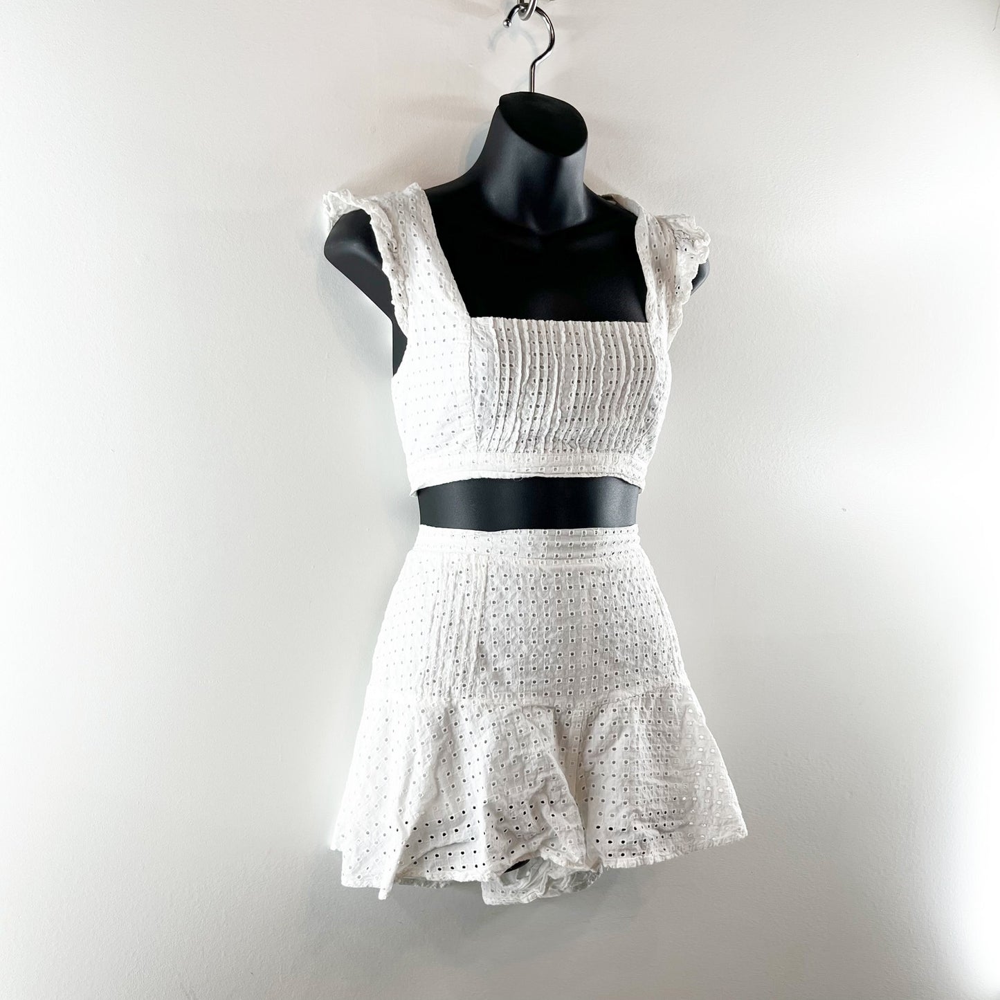 MINKPINK Celestial Eyelet Square Neck Crop Top & Flounce Short Set White M / L