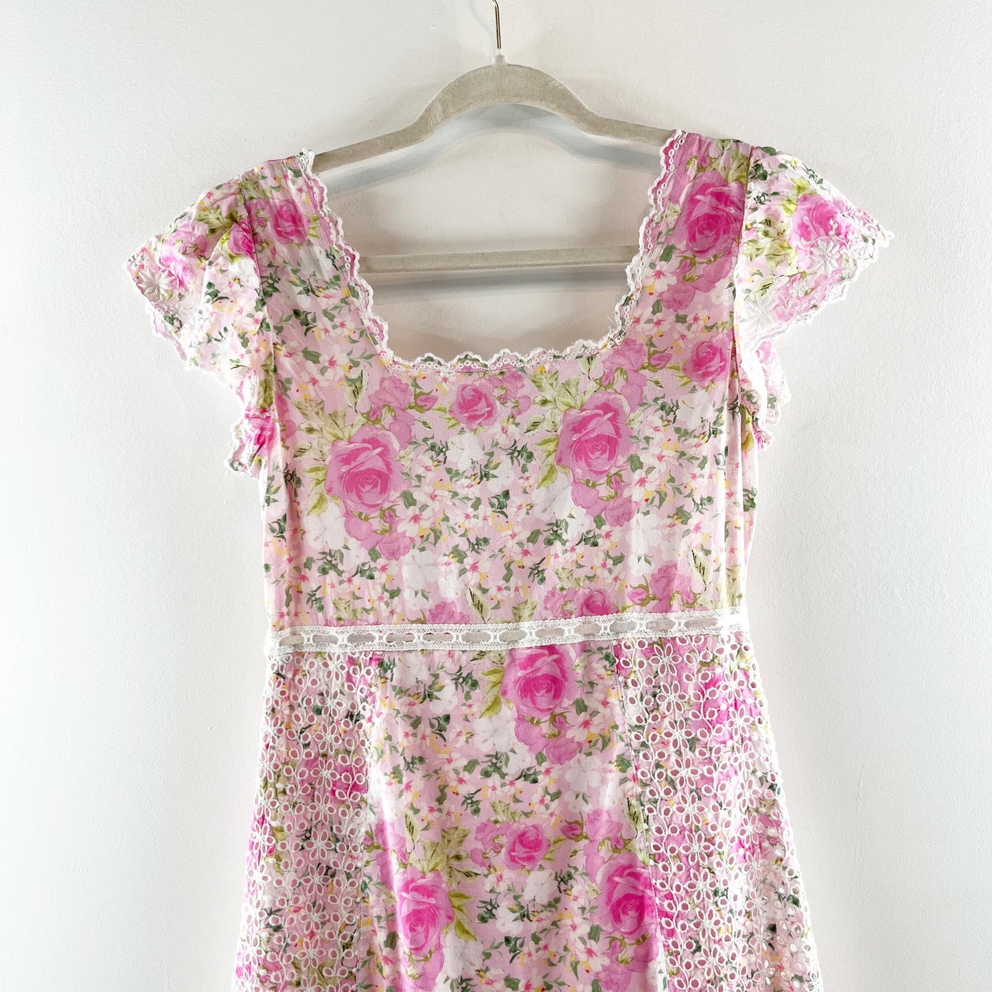 LoveShackFancy Charles Floral Square Neck Short Sleeve Midi Dress Pink White 0