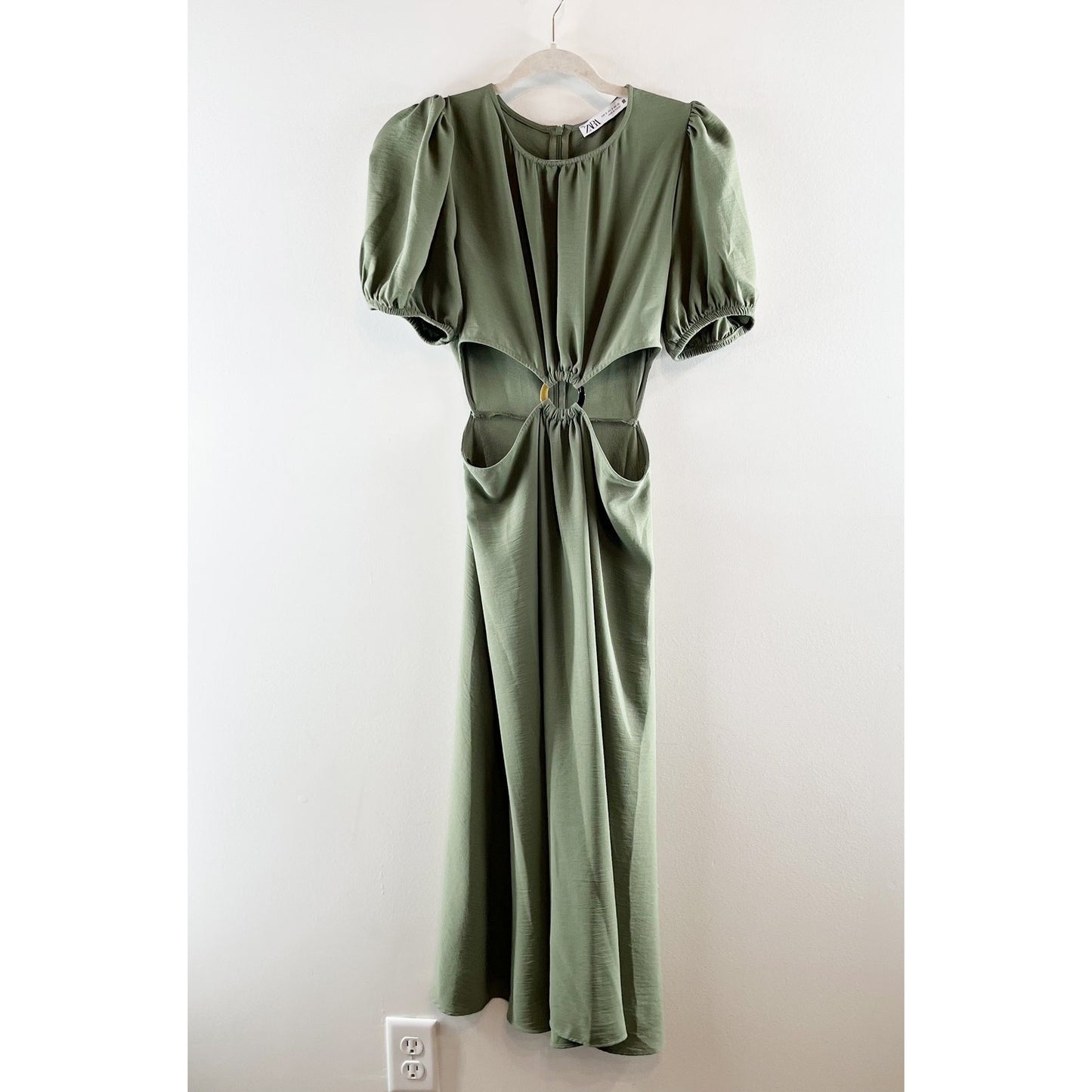 Zara Short Puff Sleeve Round Neck Cut Out A-Line Midi Dress Green Small