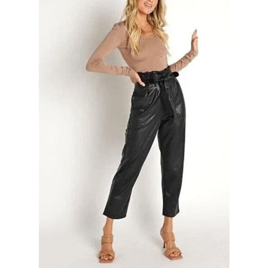 Commando Belted Paperbag Waist Cropped Faux Leather Pants Black Medium