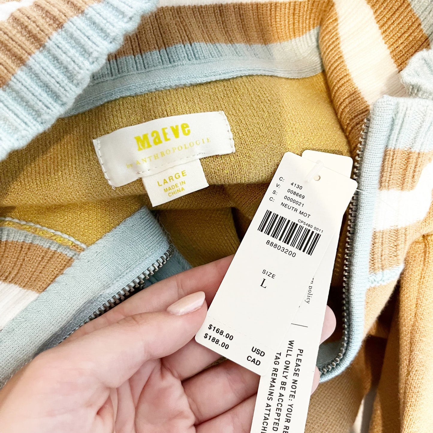 Maeve Anthropologie Varsity Half-Zip Tunic Mini Dress Neutral Tan Yellow Large