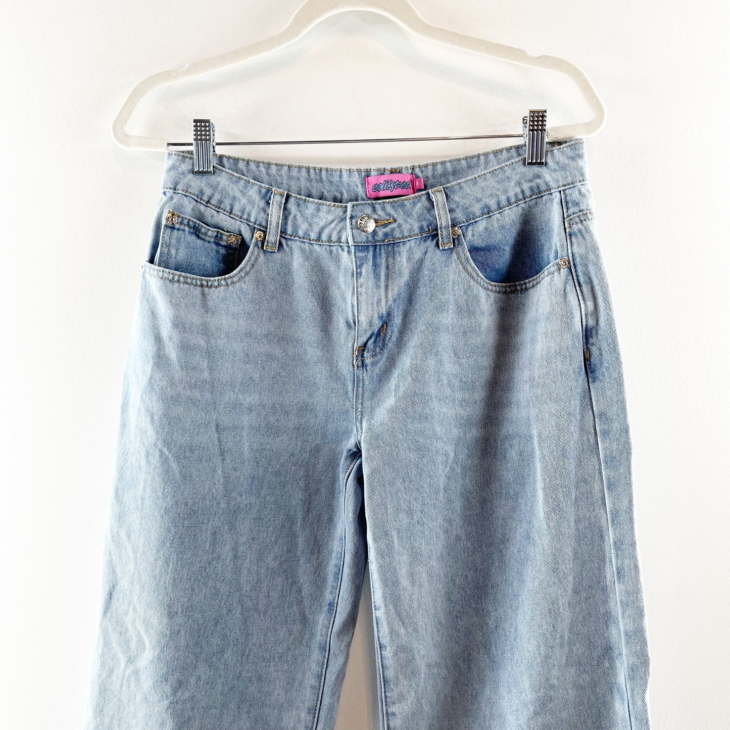 Edikted Low Rise Wide Leg Baggy Cotton Jeans Light Wash Blue Medium