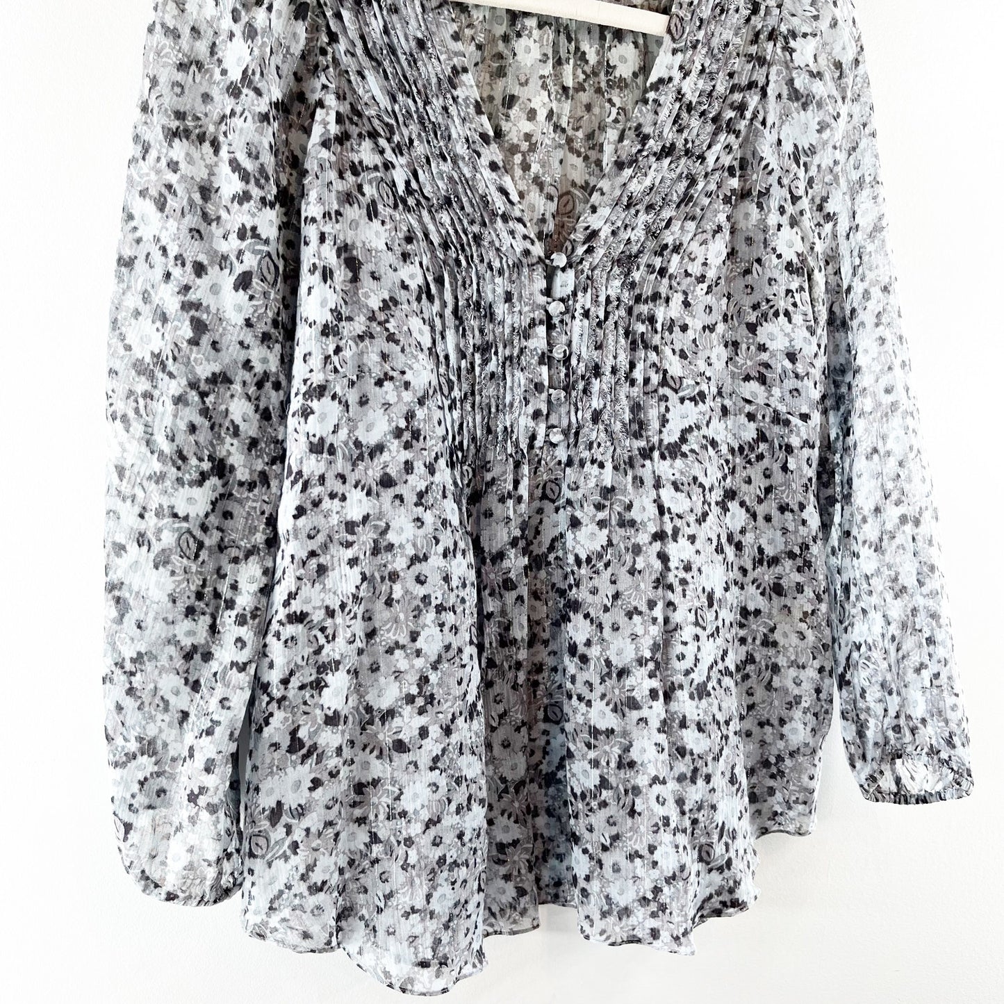 Rebecca Taylor Floral Print Long Sleeve Silk Blend Button Blouse Gray Medium