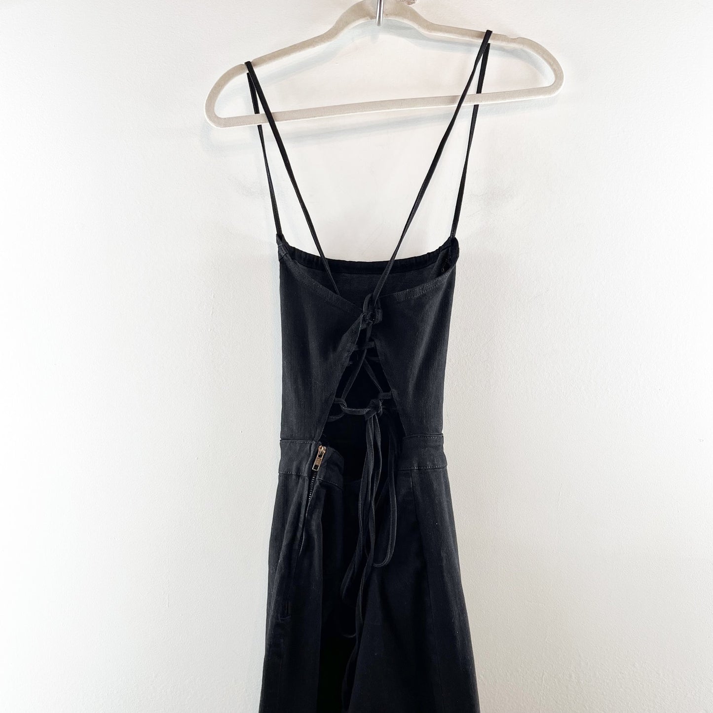 Good American Vacay Palazzo Strappy Back Wide Leg Denim Jumpsuit Black Large