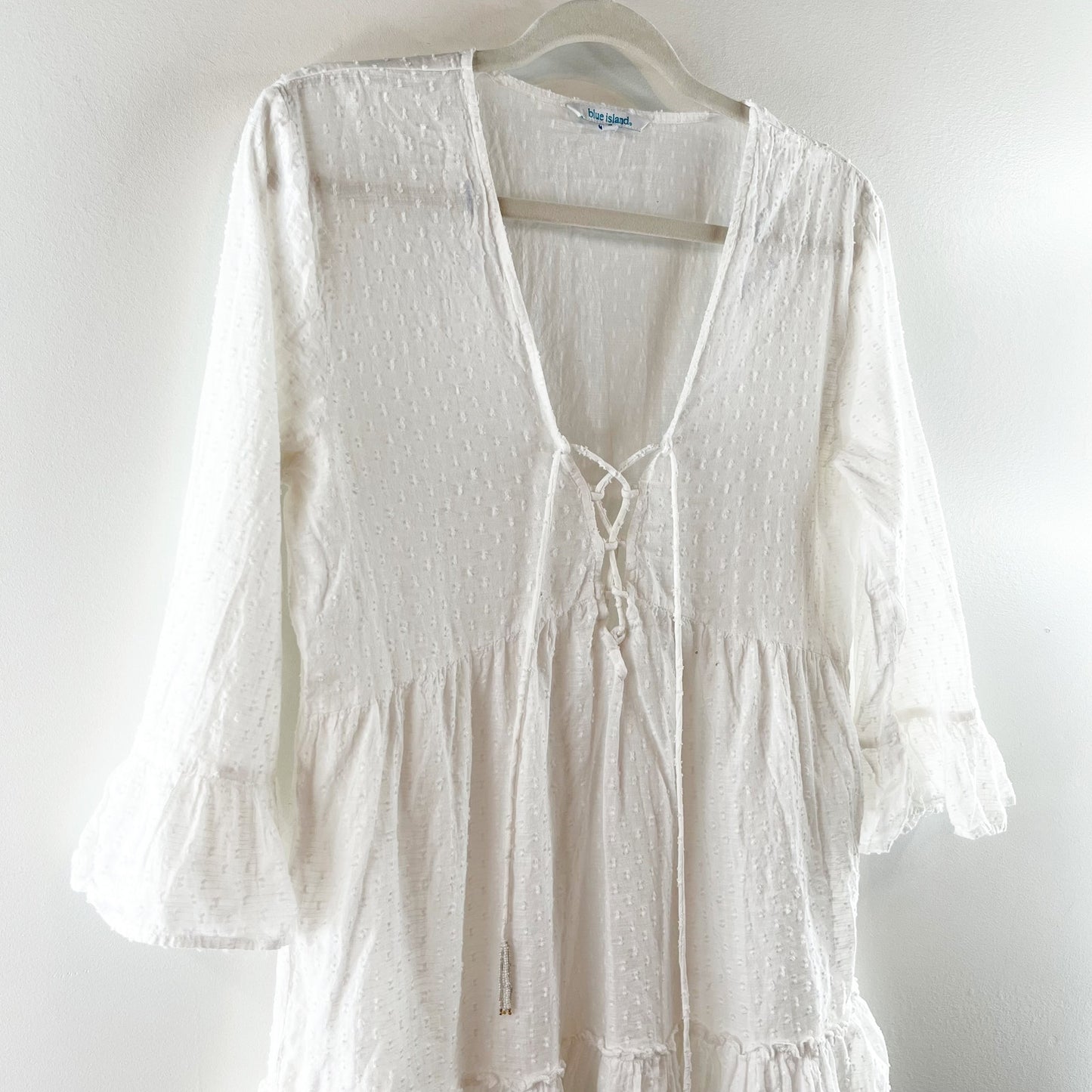 Blue Island Cotton 3/4 Sleeve Ruffle Hem Swim Cover Up White Small