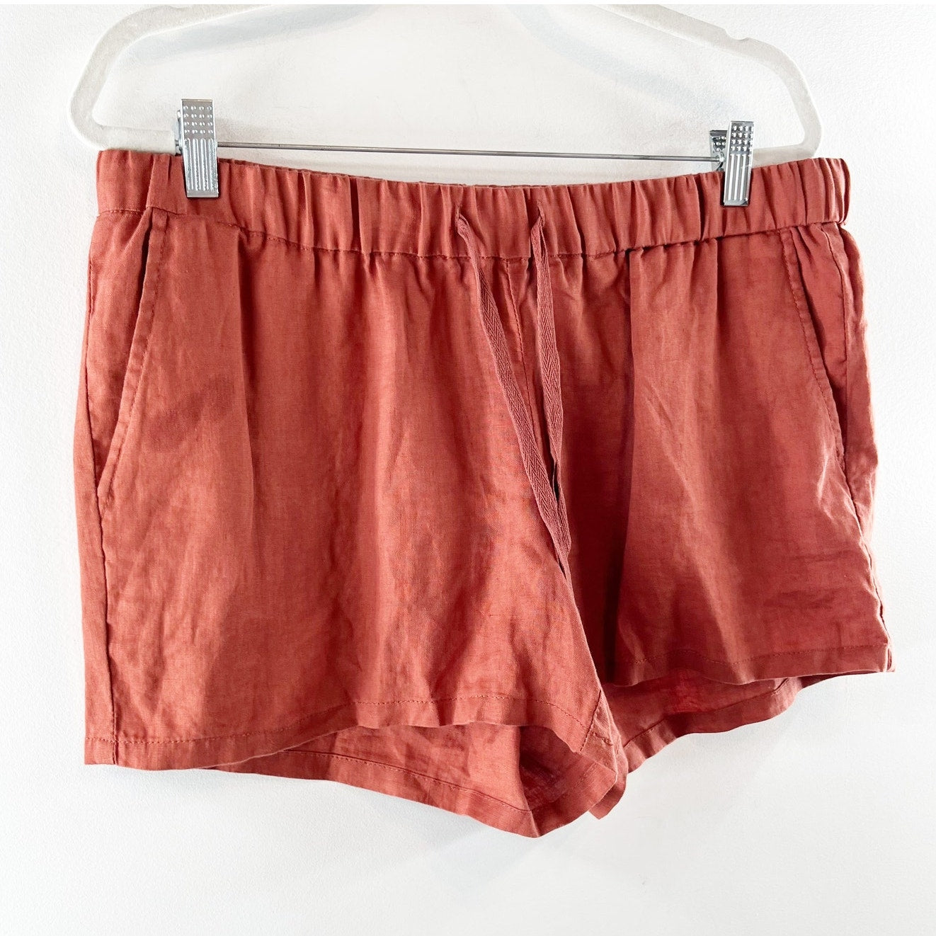 KUT From The Kloth Elastic Waist Terra Cotta 100% Linen Drawcord Shorts Red 14