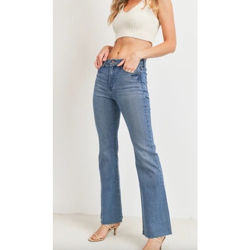 Just Black Denim Mid Rise Fall Flare Raw Hem Jeans Medium Wash Blue 27