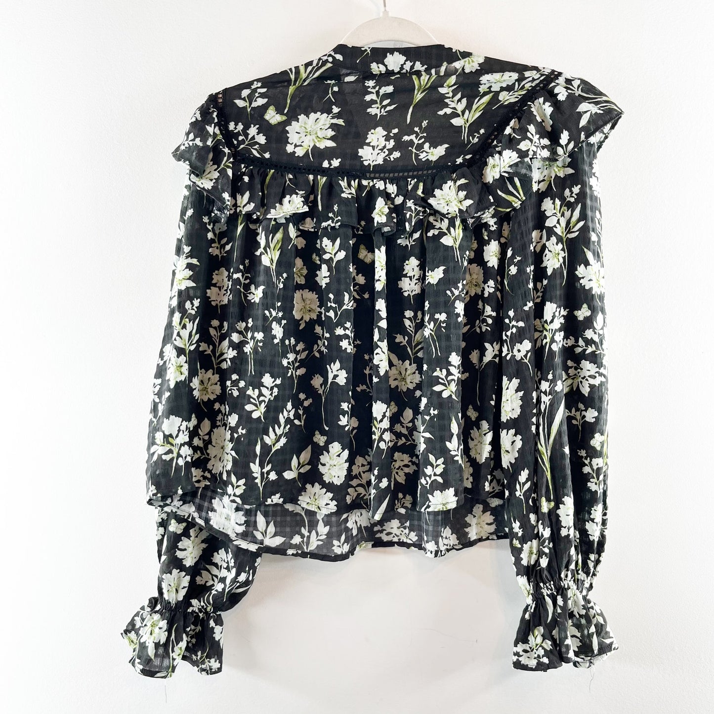 En Saison Long Sleeve Floral Ruffle Blouse Top Black Small