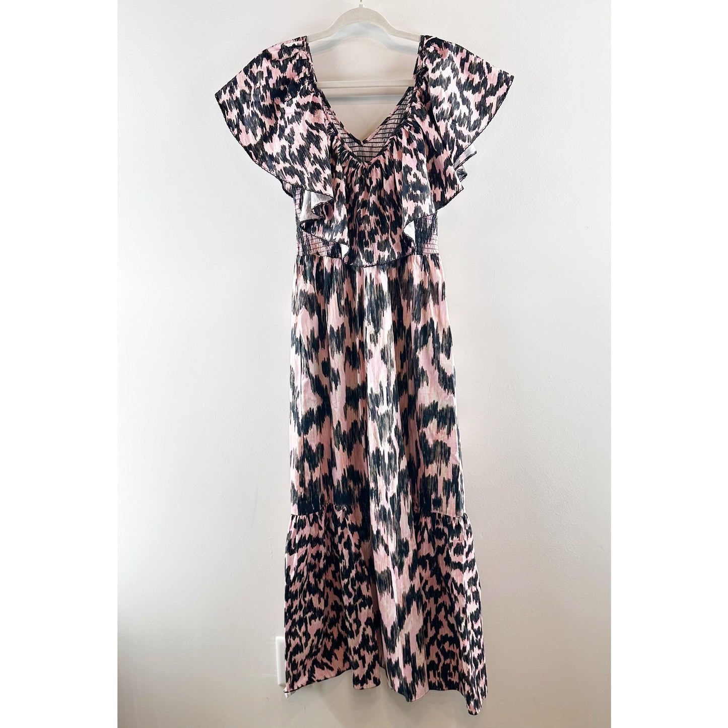 Maria Cher Dabir 100% Cotton Ruffle Trim V-Neck Smocked Midi Dress Pink Black XS