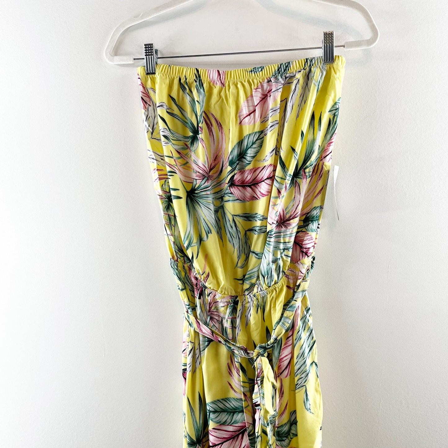 The Vanity Room Strapless Tropical Print Jogger Jumpsuit Banana Yellow Medium