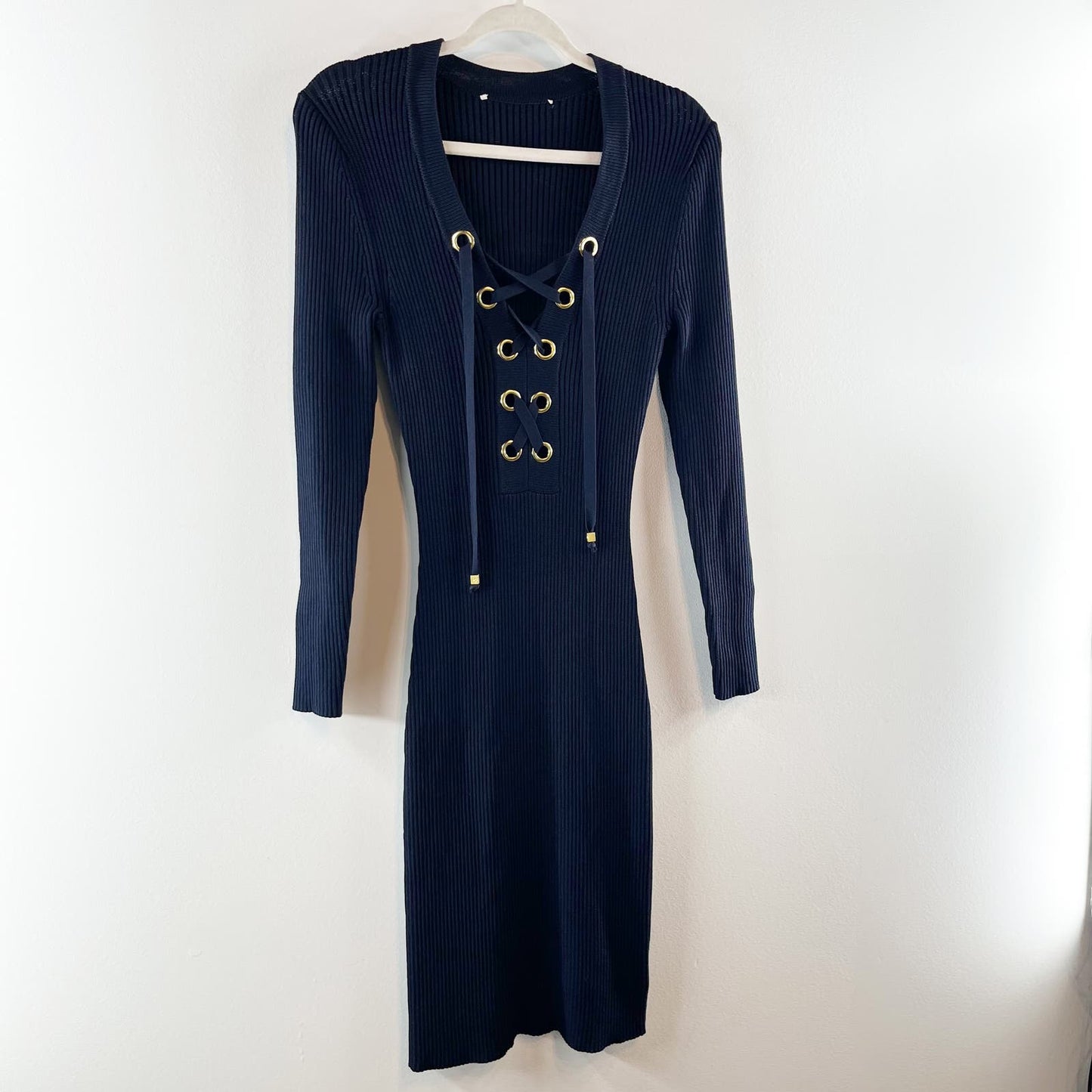 Michael Kors Lace Up Long Sleeve Ribbed Mini Dress Black Small