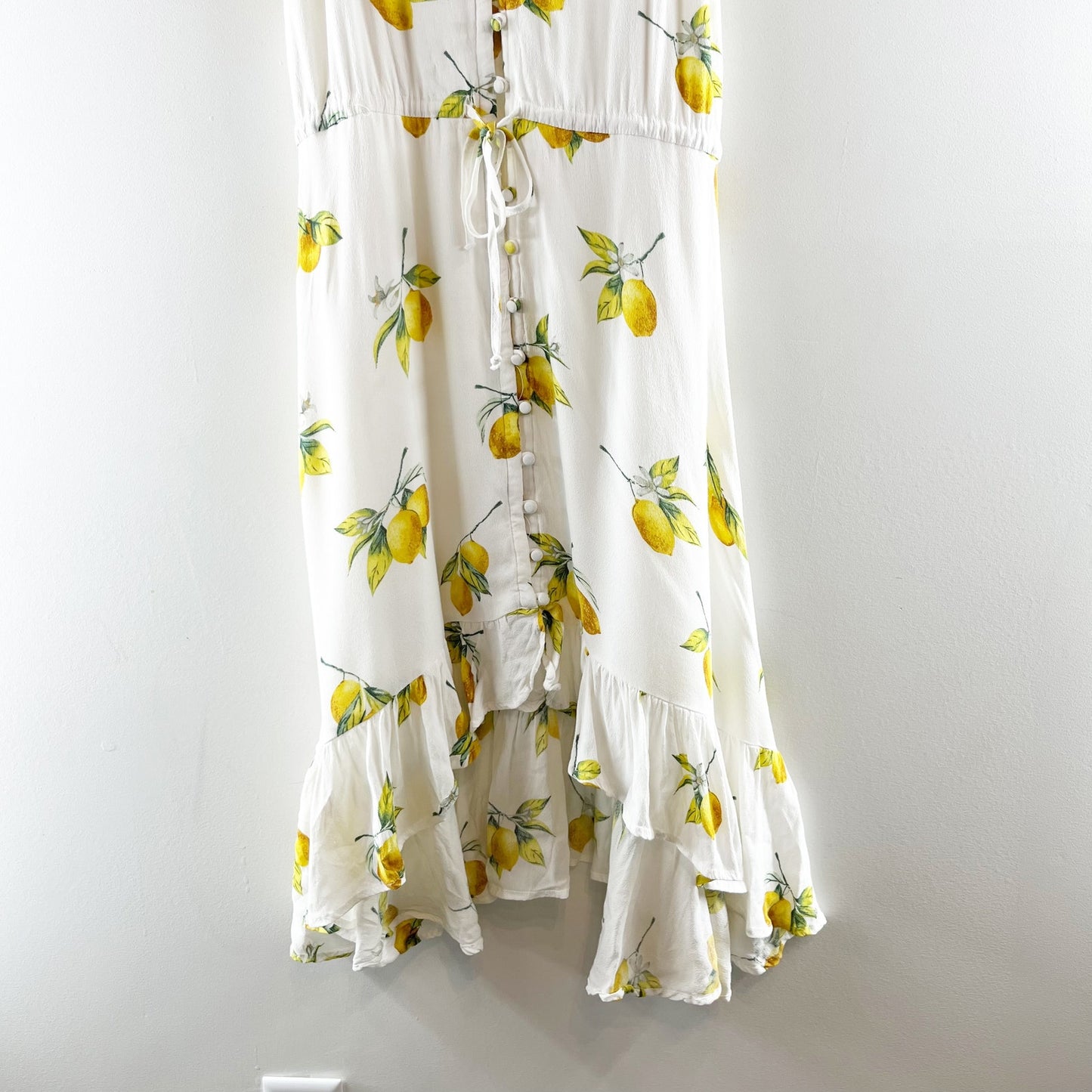 Rails Frida Citronnade Lemon Print Ruffle Hem Hi Low Midi Dress White XS